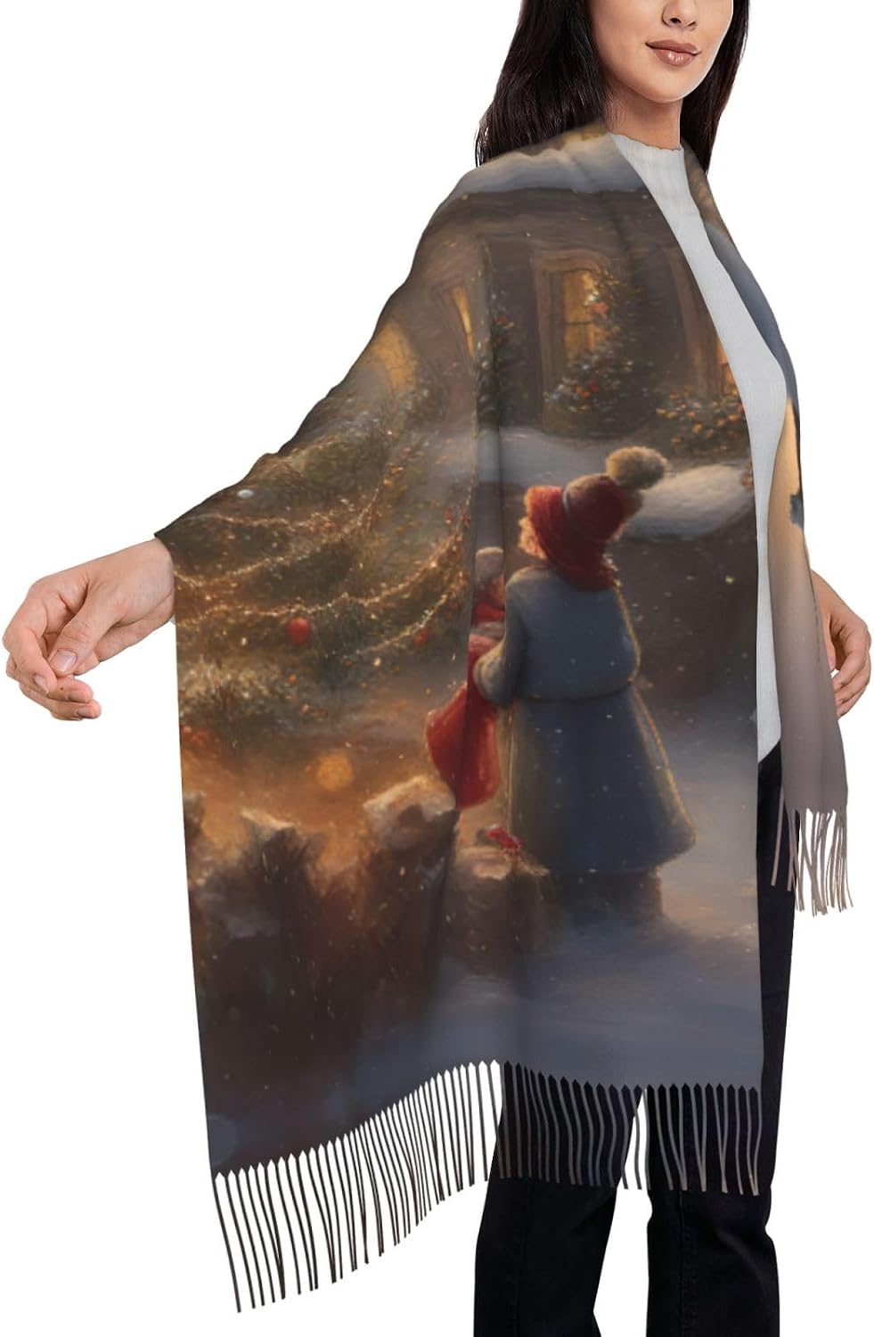 Elegant Merry Christmas Print Tassel Scarf, Warm Winter Accessory,77.6" X 28.3" Faux Cashmere Scarf