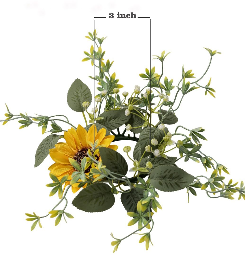 Sunflower Candle Ring, 2 Pack Candle Wreaths Rings 3 Inch Center, Artificial Yellow Flower Leaves Wreath Pillar Candleholder for Wedding Home Tabletop Decor