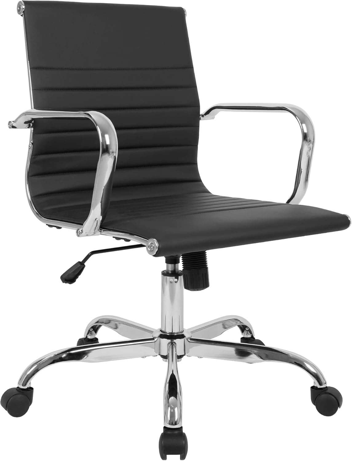 LANDSUN Home Office Chair Mid Back PU Leather Ribbed Swivel Tilt Adjustable Computer Desk Chair with Armrest Executive Conference Black
