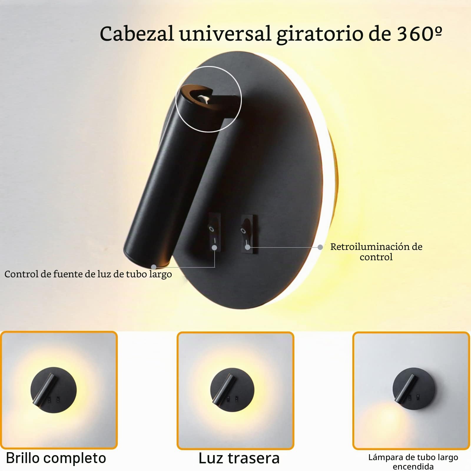 Lámpara de pared LED, lámpara de pared de lectura junto a la cama, lámparas de lectura de pared LED de 12 W, foco ajustable （3 W + 9 W 3000 K luz cálida） (negro Forma redonda 2PCS)