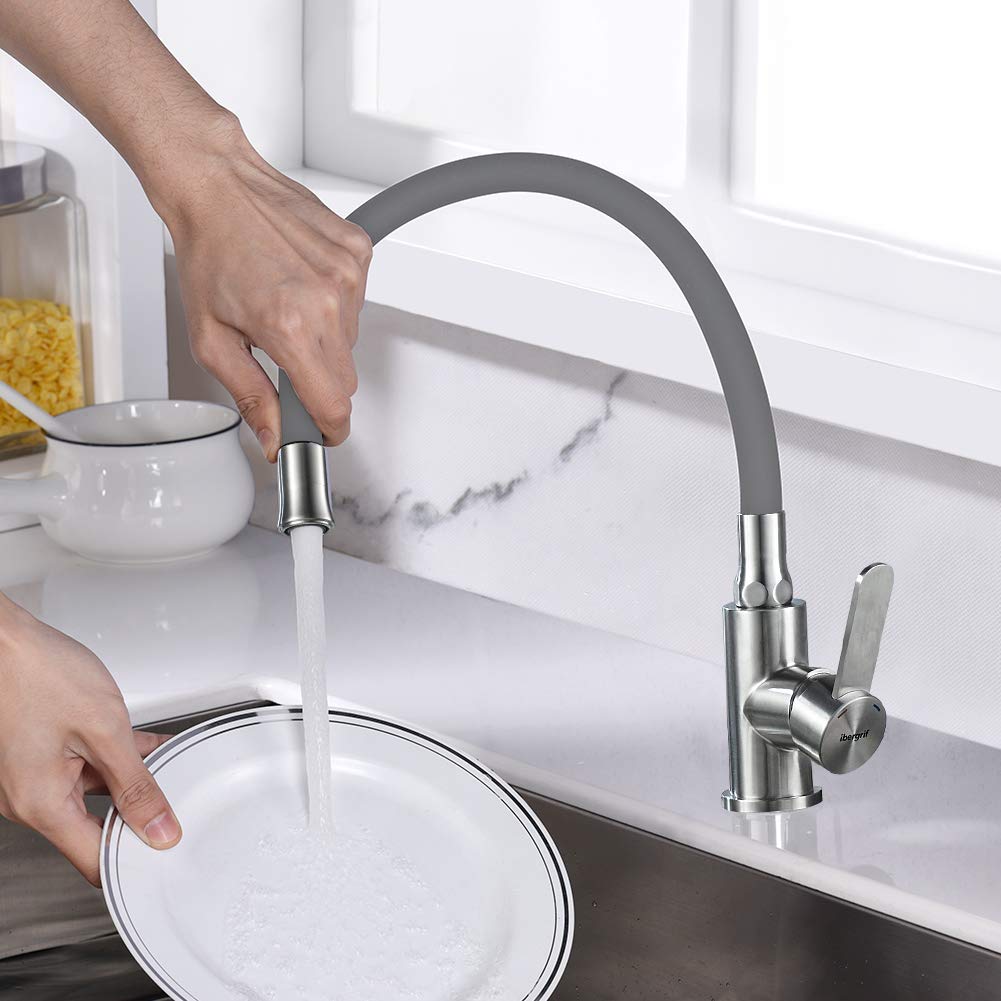Ibergrif M22119-9 Grifo de Cocina Gris con Caño Flexible Universal, Grifería para Fregadero, Acero Inoxidable Cepillado, Gris, 3/8"