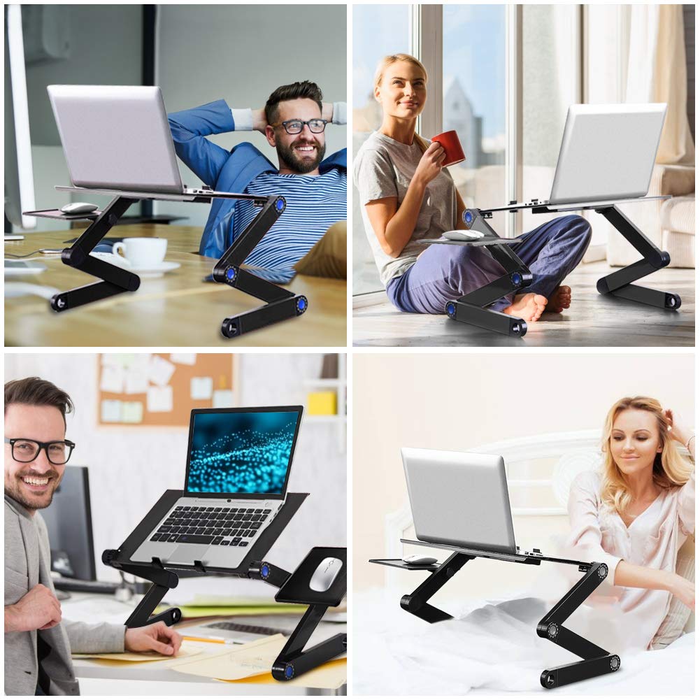 Klappbarer Laptop Tisch aus Aluminium, Computer Ständer mit 2 Lüftern und Mausablage, 360° Verstellbar, Tragbar, für Bett und Sofa, Schwarz