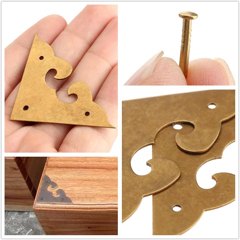 dophee 4Pcs 1.77" Brass Flat Corners Bracket, Retro Table Corner Cover Protectors for Box Cabinet Desk Book Frame Scrapbook Album Bookshelf Furniture Decoration with Mounting Nails, Antique Brass