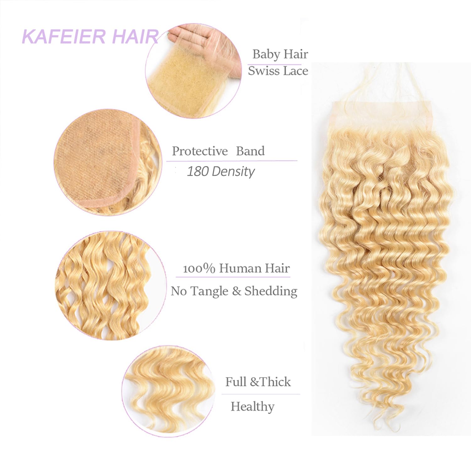 613 Blonde 5x5 Deep Wave Closure Transparent HD Lace with Baby Hair 100% Brazilian Virgin Human Hair 10a Pre Plucked Natural Hairline Bleached Knots 14 Inch