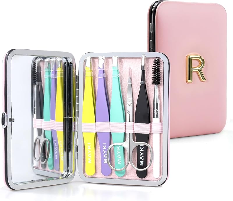 Kit de pinças MAYKI com espelho e estojo rosa, modelo ET05-R-US-MK, letra R, 1 unidade