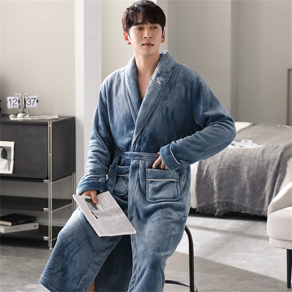 Albornoz de Franela de Invierno for Hombre con Aislamiento de Terciopelo Grueso, Ropa de casa, Albornoz y camisón(Medium)