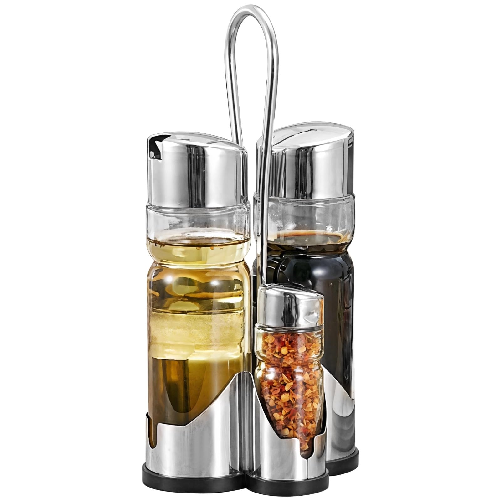 4 Stk. Salz- und Pfefferstreuer, Öl- und Essigspender-Set, Gewürzflaschen aus Glas mit Edelstahlhalter, Küchen-Organizer für Arbeitsplatte und Esstisch, kompakt, 4,7 x 4,1 x 8,9 Zoll