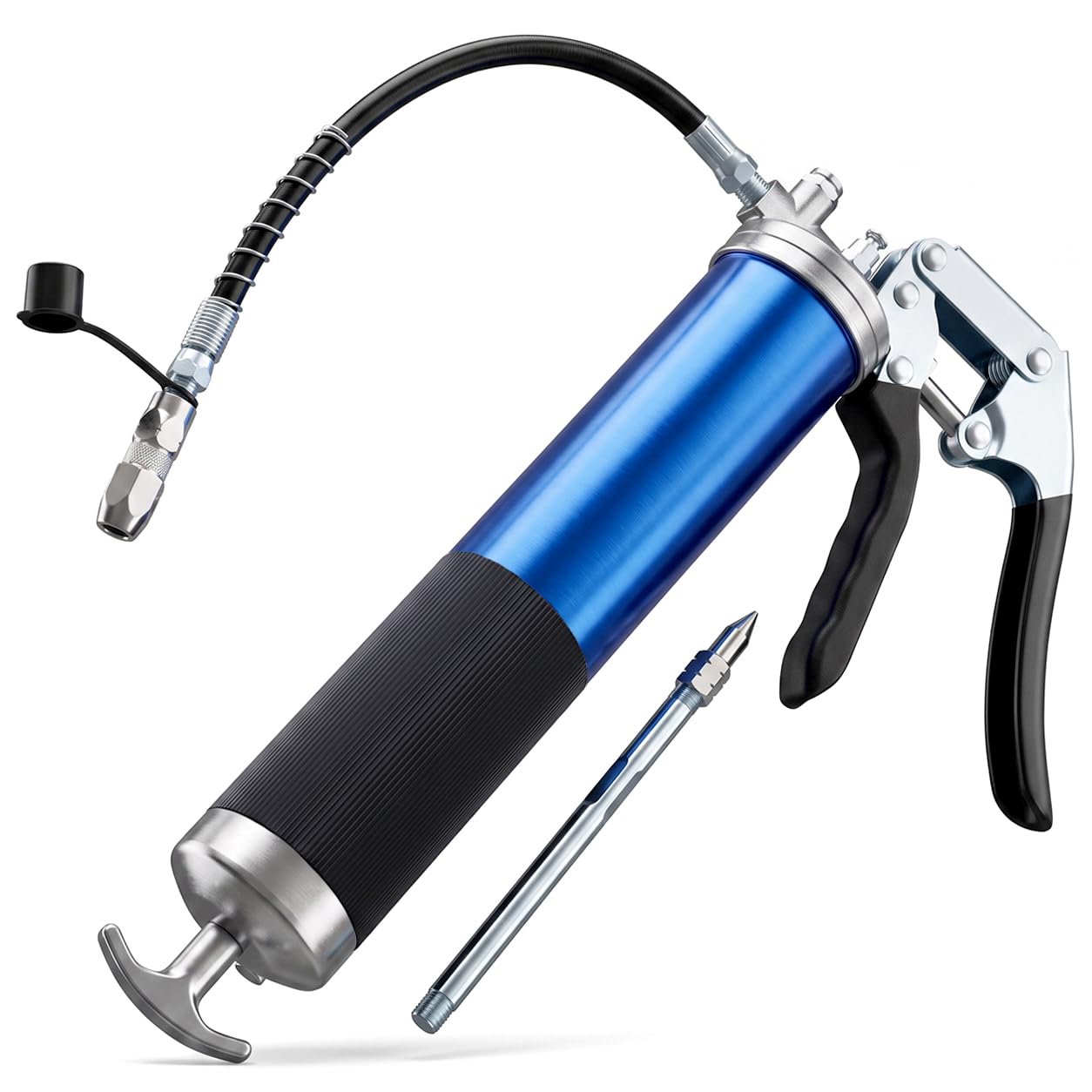 QWORK® Pompe à Graisse Manuelle, 6000 psi-7000 psi, 400cc, avec Tuyau Flexible, rallonge Rigide et buse, Bleu