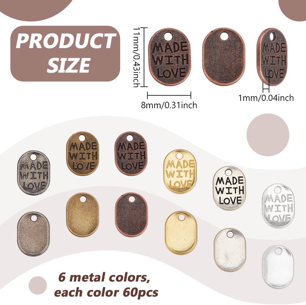 PH PandaHall 360 pcs 6 Colors Metal Handmade Tags, 11x8mm Made with Love Tag Pendant Charm Message Love Charms, Tibetan Style for Bracelet Necklace Earrings DIY Crafts Jewelry Making - Image 2