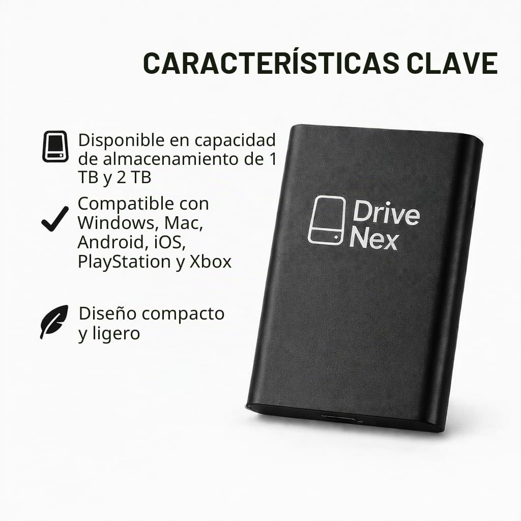 DriveNex | Disco Duro Externo | 2 terabyte | Compatible con Todos los Sistemas operativos | Almacenamiento SSD | Almacenamiento de Datos | Disco Duro Externo portátil | Disco Duro Externo (2 TB)