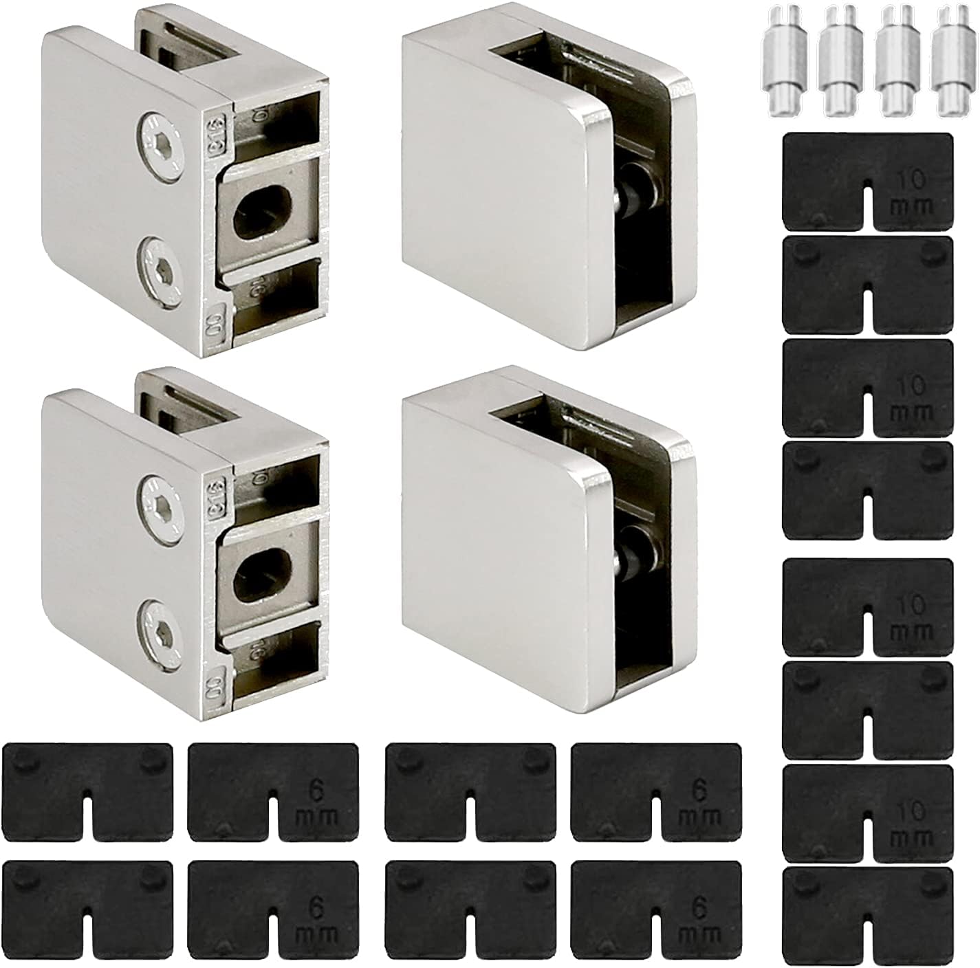 Stainless Steel Square Flat Back Glass Clamp 45 x 45 mm for 1/4" - 3/8" Tempered Glass or Laminated Glass, Satin Finish, 4-Pack (GC-P045FS)