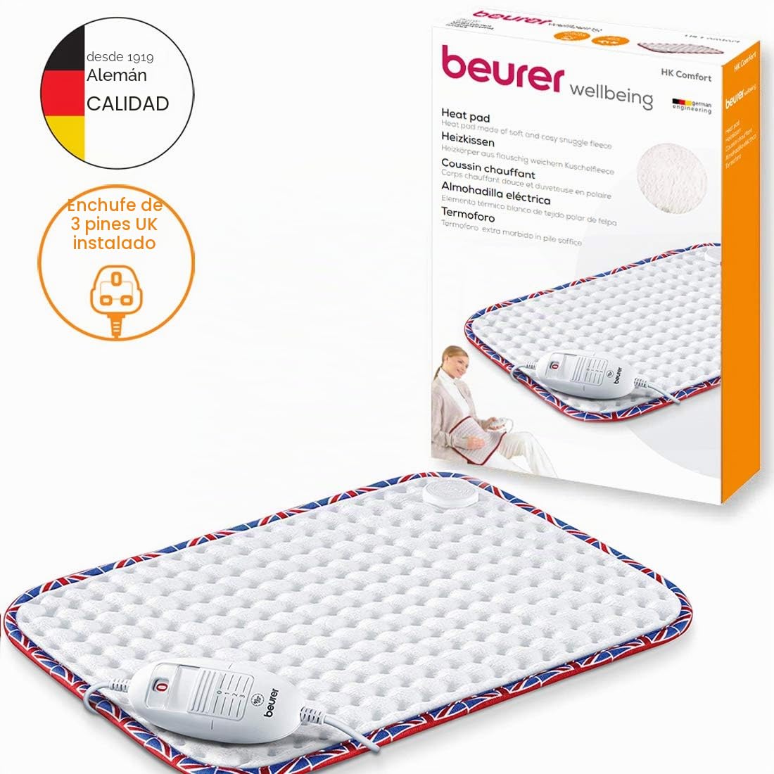 Beurer Almohadilla térmica HK-UK | Almohadilla térmica eléctrica para relajarse | 3 ajustes de temperatura regulados electrónicamente | Lavable a máquina | Apagado automático | acabado Union Jack