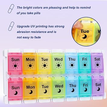AM PM Pill Box 7 Day, Easy Fill Push Button Large Weekly Pill Box Medicine Organiser for Vitamin, Fish Oil, Supplements(Colorful)