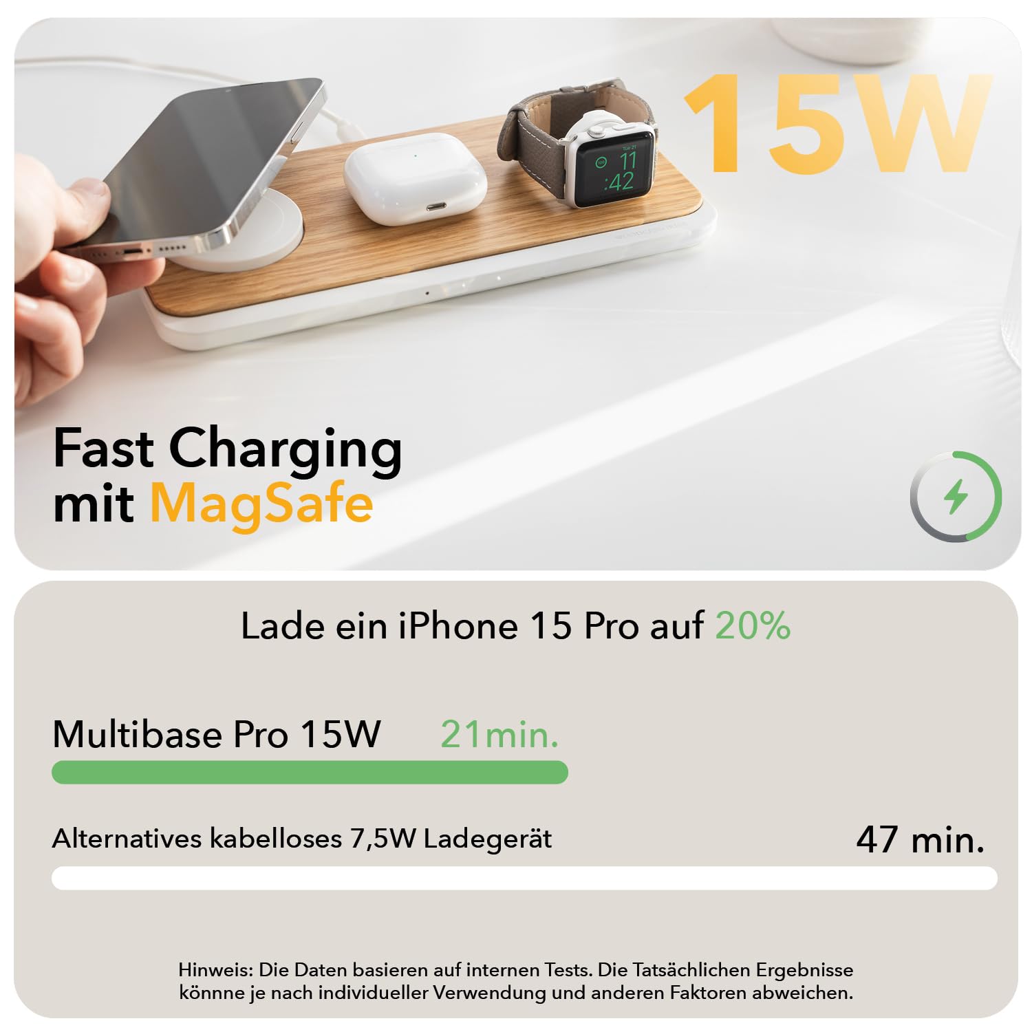 Woodcessories Multibase Pro - Estación de carga 3 en 1 de madera, cargador Magsafe, cargador inalámbrico compatible con iPhone, Apple Watch, Air Pods + adaptador de potencia de 45 W, roble