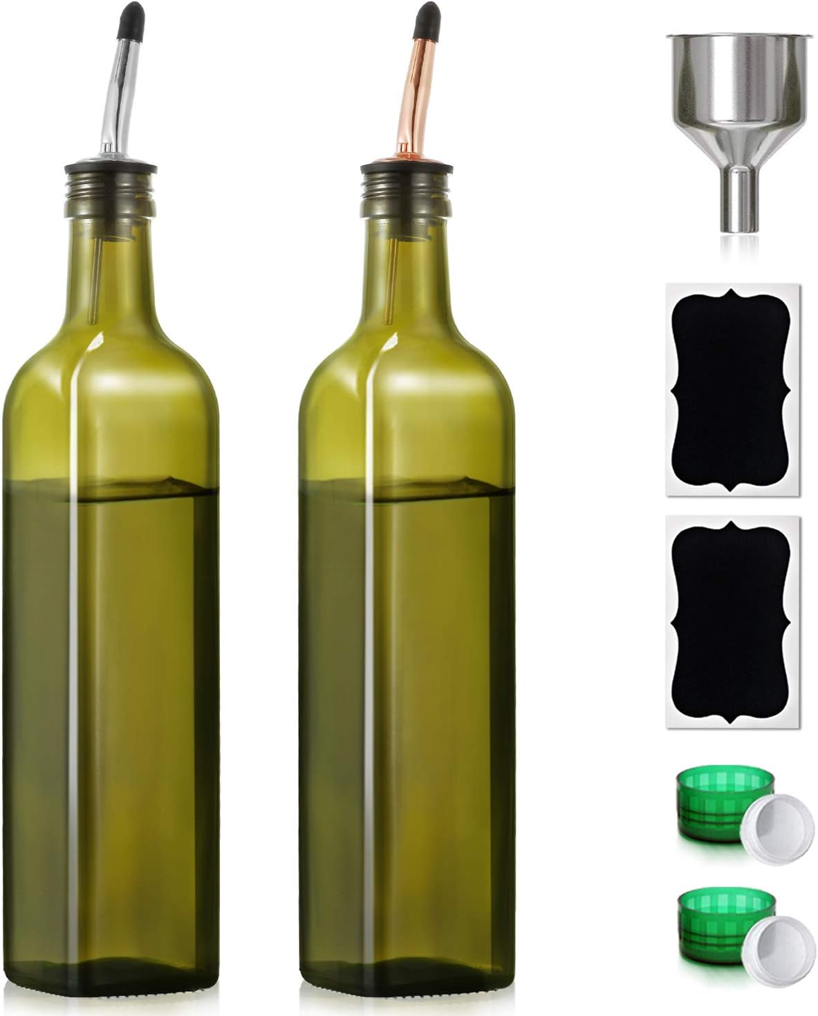 GMISUN Olive Oil Dispenser Bottle - 17oz Oil Dispenser Bottle for Kitchen - Oil and Vinegar Dispenser Set, Dark Green Glass Oil Dispenser with Pourers, Funnel and Labels - 2 Pack