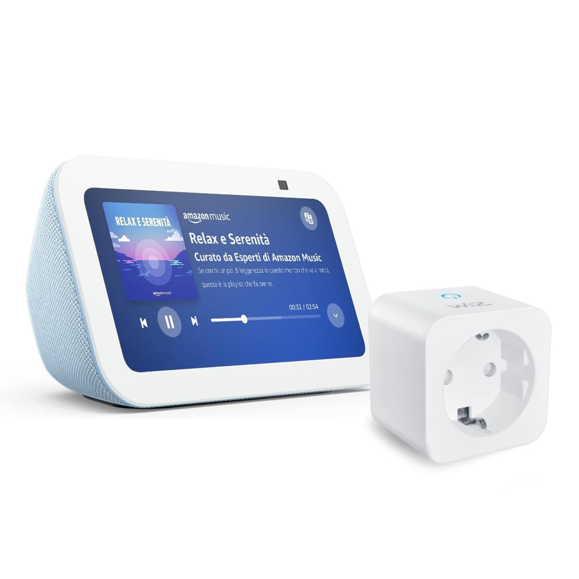 Echo Show 5 (Ultimo modello) | Azzurro + WiZ Presa intelligente, compatibile con Alexa - Kit di base per Casa Intelligente