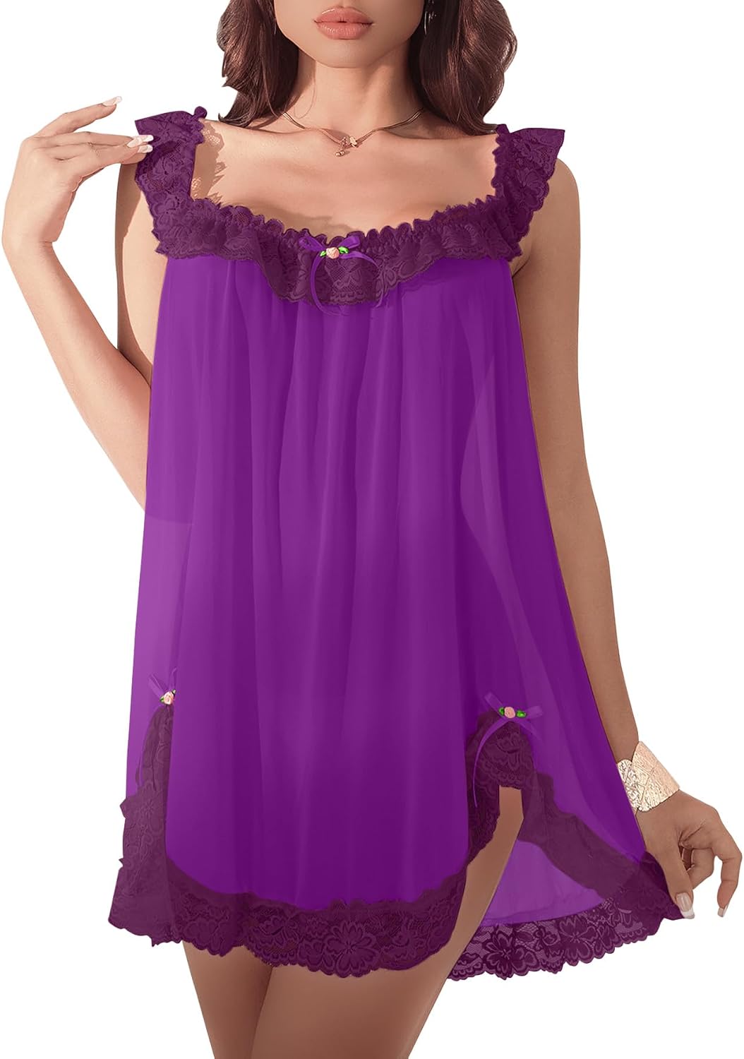 Sexy Split Side Lace Ruffle Bows Mesh Sheer Babydoll Lingerie Dress with Thong Set 2 Piece