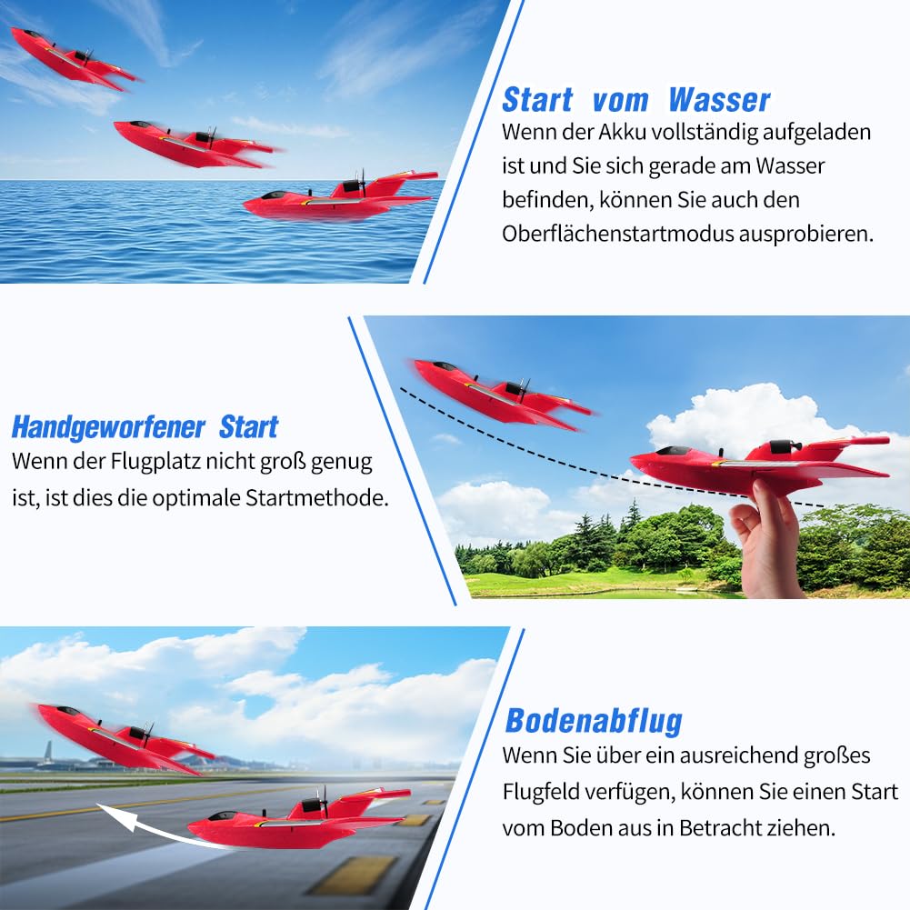 Fremego RC Flugzeug für Wasser, Land und Luft,2.4GHz Glider Ferngesteuertes Flugzeug mit 2 Batterien und Licht,2CH Kampfflugzeug Modell Spielzeug für Kinder Anfänger (Rot)