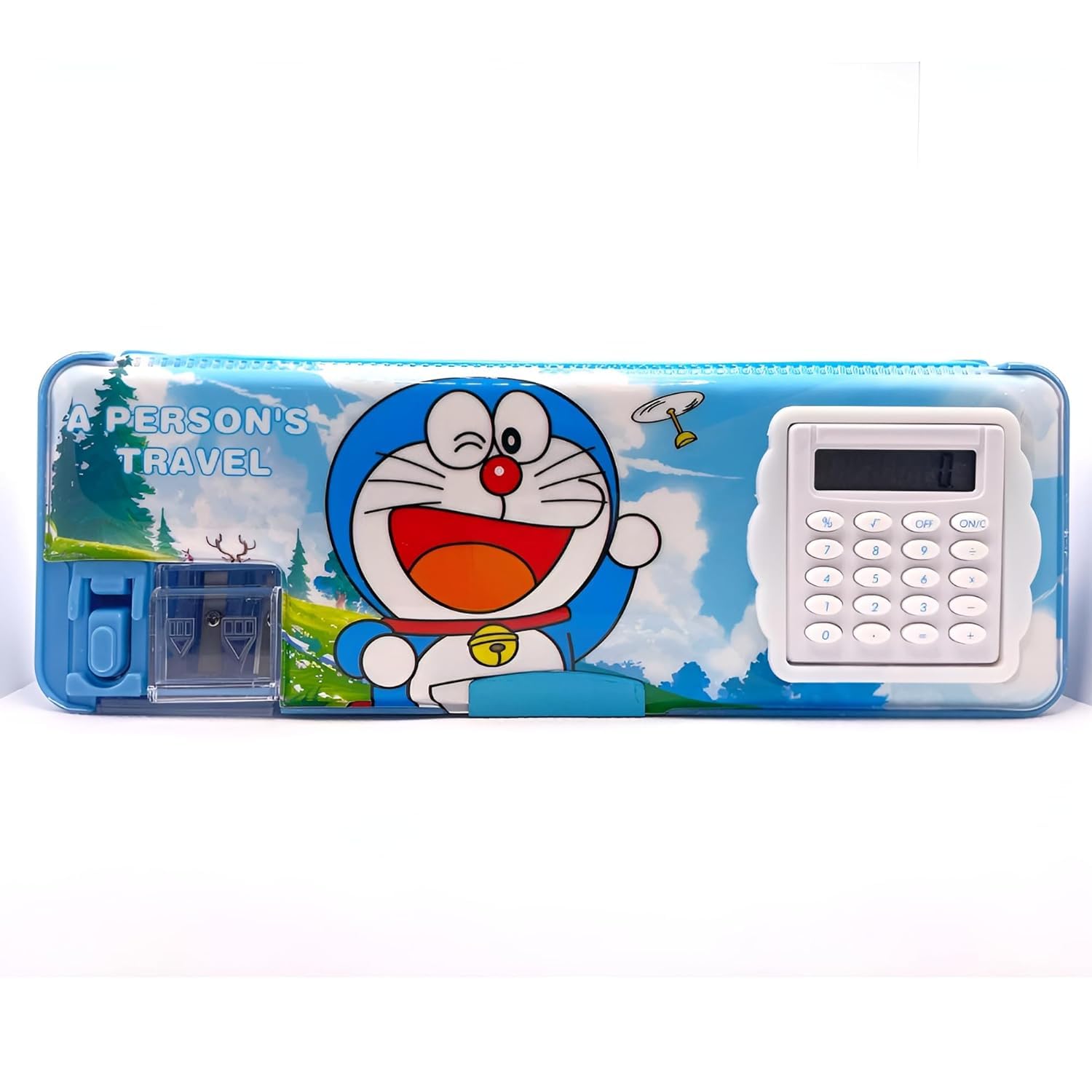 DOANMIZE Doraemon Designer Magnetic Pencil Box with Calculator & Dual Sharpener for Kids for School,Doraemon Big Size Cartoon Printed Pencil Case for Kids (Doraemon Blue)