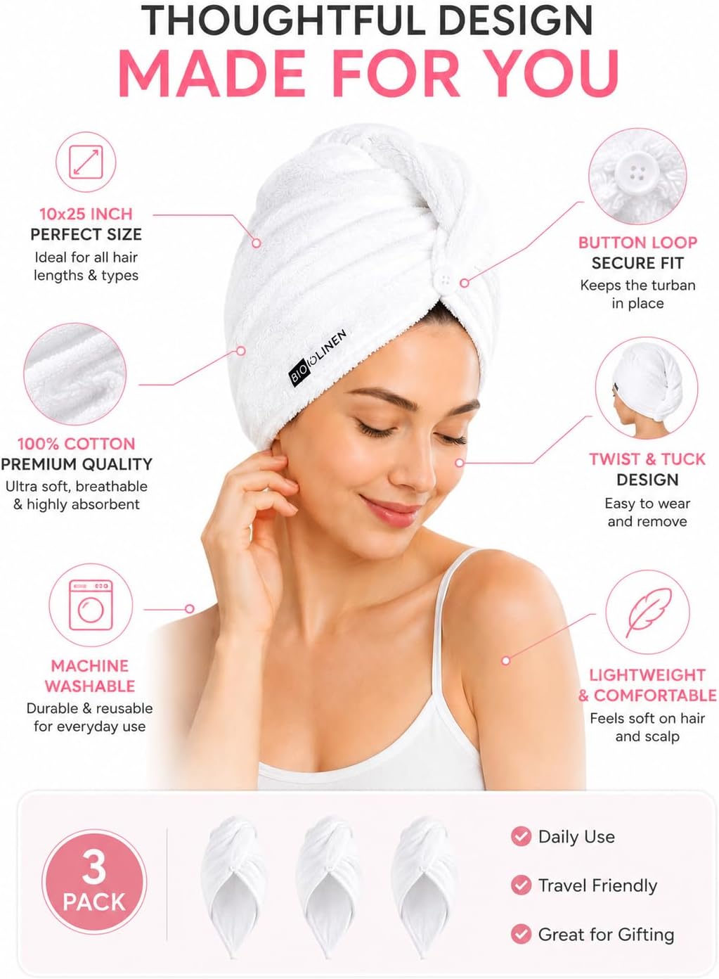 BIOLINEN Cotton Hair Towel Wrap for Women 3 Pack, Super Absorbent Quick Dry Hair Turban, Anti Frizz Drying Towel for Curly Long Hair, White 10x25