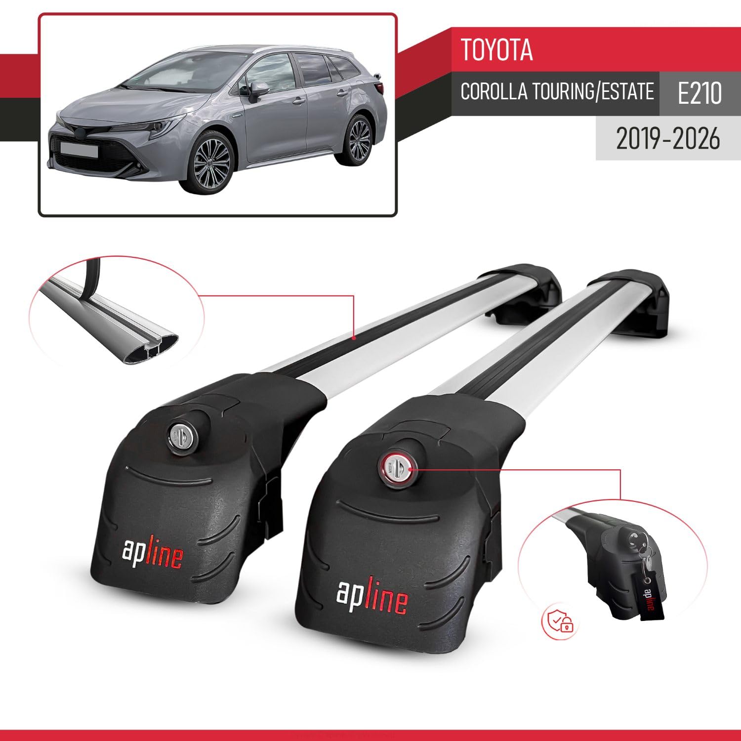 Compatible con Toyota Corolla Touring/Estate (E210) 2019-2026 Modelo Ace-2 Barra de Techo Auto Portaequipajes Barras Transversales Gris Aluminio 2 Barras