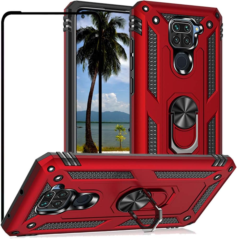 DuoLide for Xiaomi Redmi Note 9 Case with Tempered Glass Screen Protector,Hybrid Heavy Duty Dual Layer Anti-Scratch Shockproof Defender Kickstand Case Cover, Red
