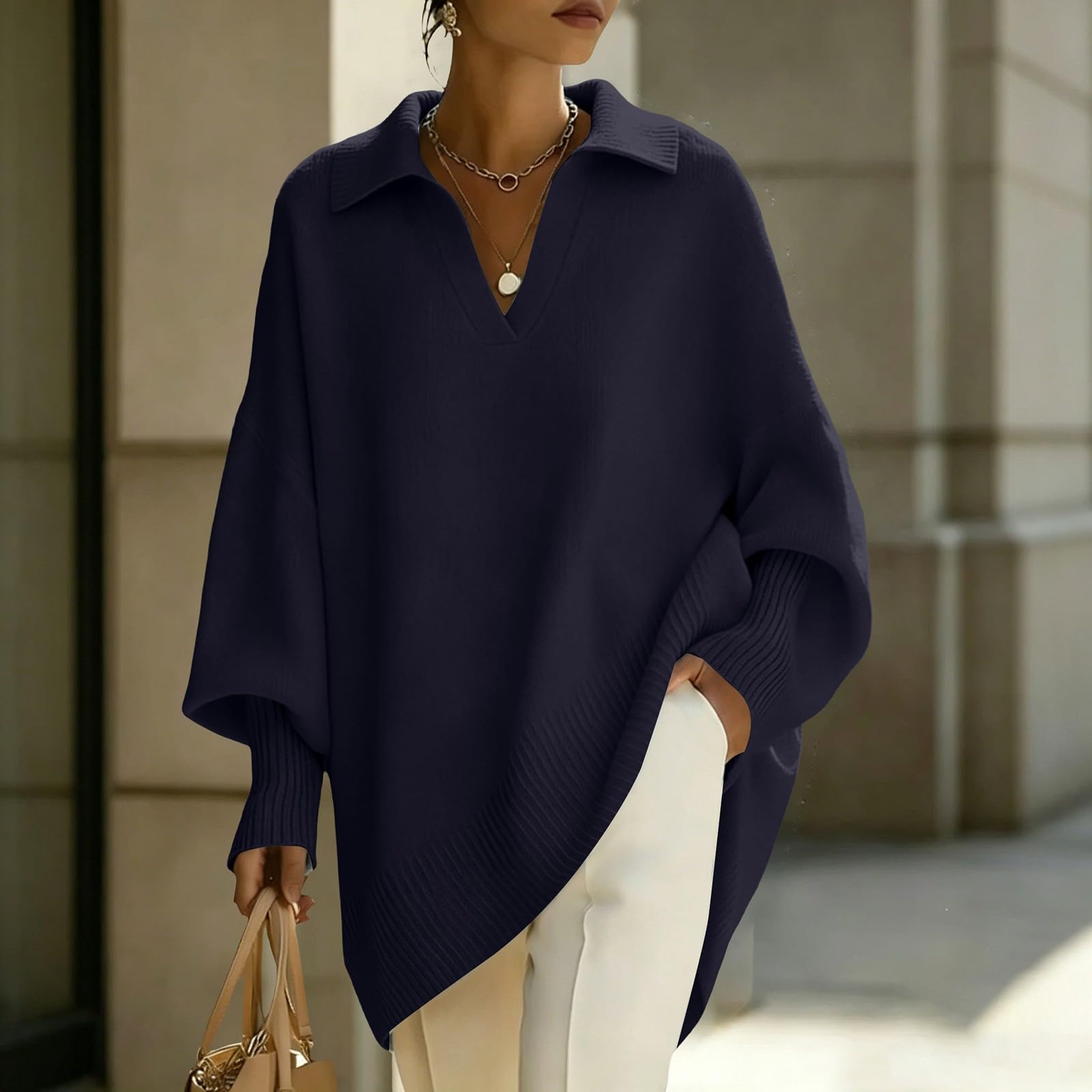 Generisch Haut élégant en polaire pour femme - Sweat à manches longues - Surdimensionné - Pull tendance - Grandes tailles - Col en V - Pull long décontracté pour vêtements de détente - Pull d'automne