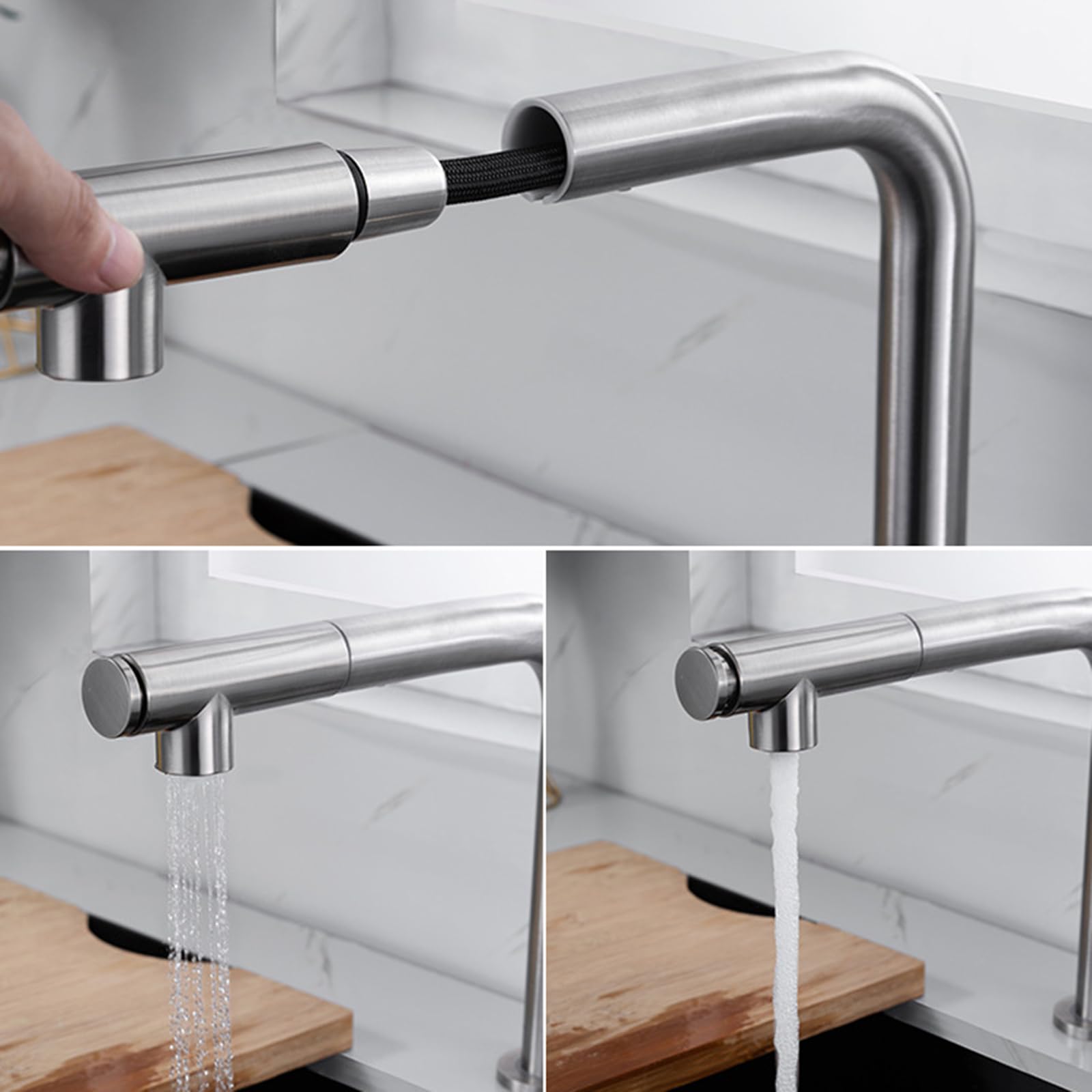 XJTNLB Grifo Cocina Extraible Cepillado Grifos Cocina Fregadero Negro para Ventana Rotación de 360 ° Grifo de Cocina Fregadero Monomando