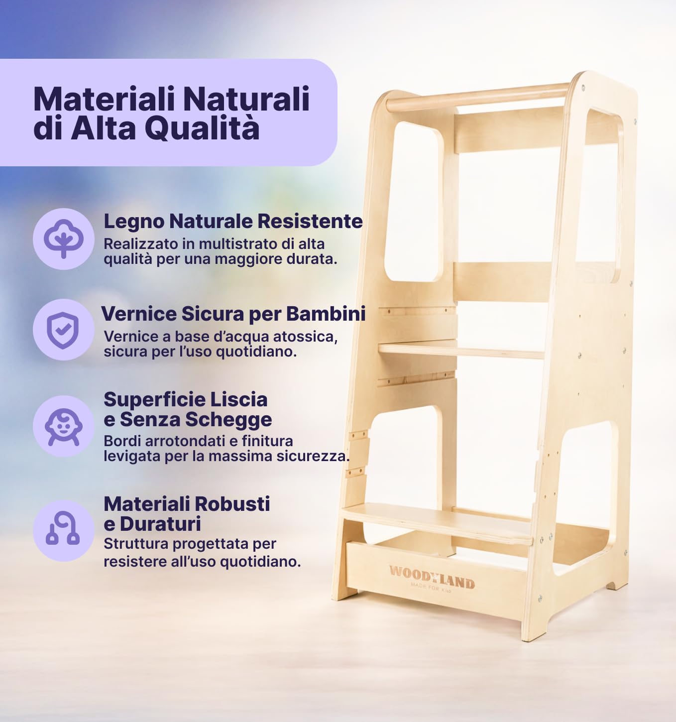 WOODYLAND Torre montessoriana Live, Scala bambini regolabile in altezza, Legno vero 40x39,5x90 cm