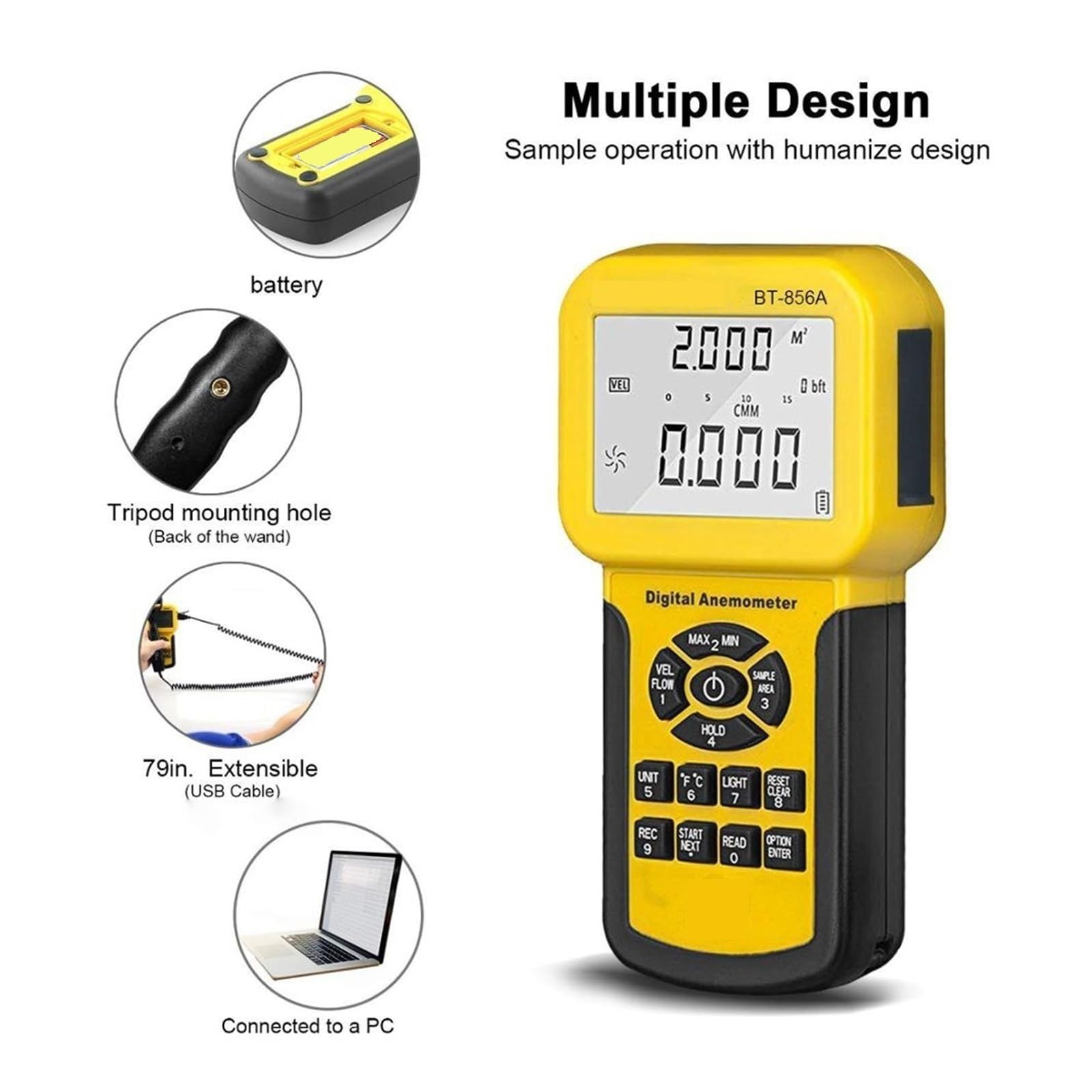 El Anemómetro Digital Mide La Velocidad Del Viento, El Flujo Del Viento, El Medidor De Temperatura Del Viento For El Medidor De Velocidad Del Flujo De Aire Con USB