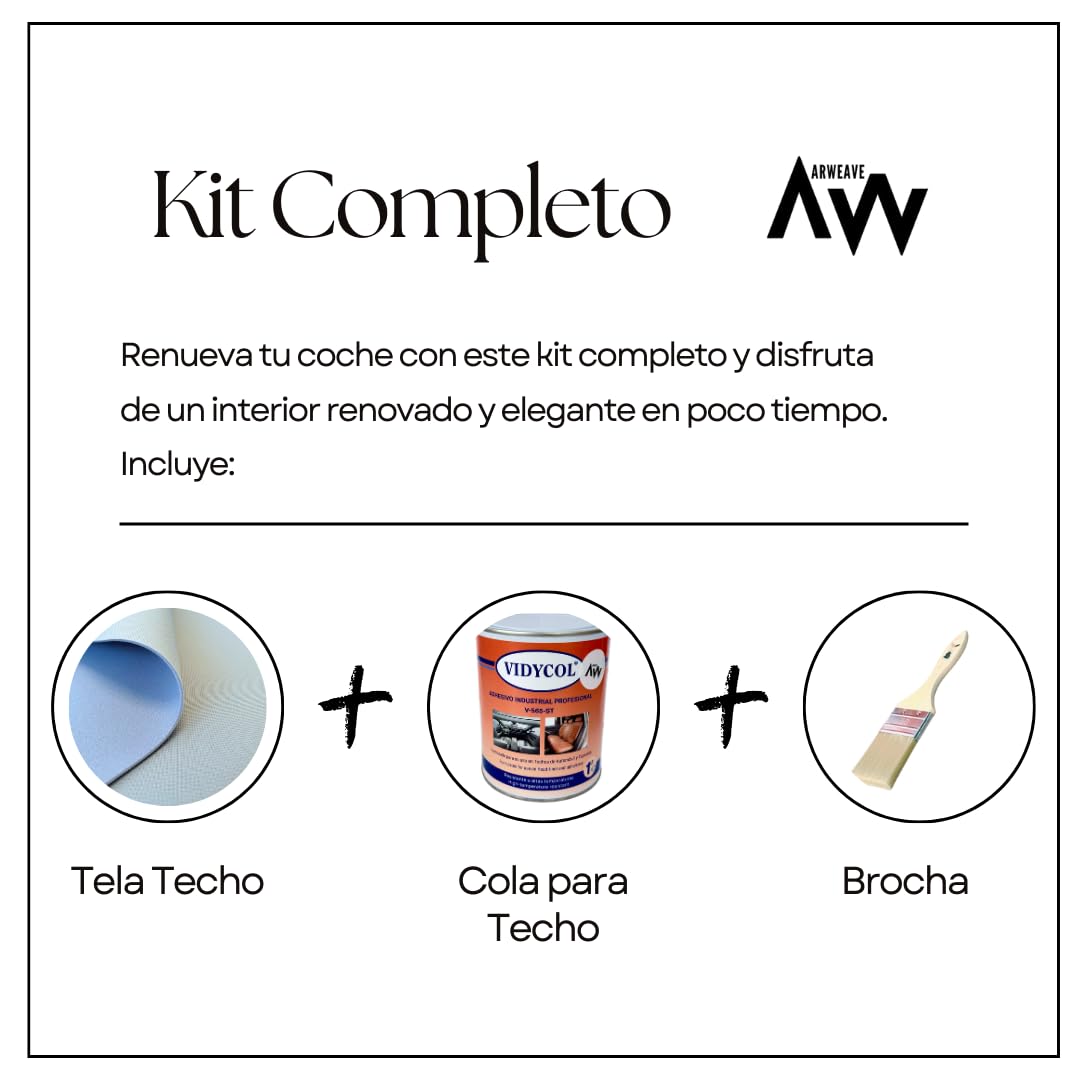 Kit Completo para tapizar Techo de Coche con Tela foamizada, Pegamento de Alta Temperatura y brocha. Tejido Gris Claro de 2 Metros x 1,45 m + 1 L de Cola + brocha