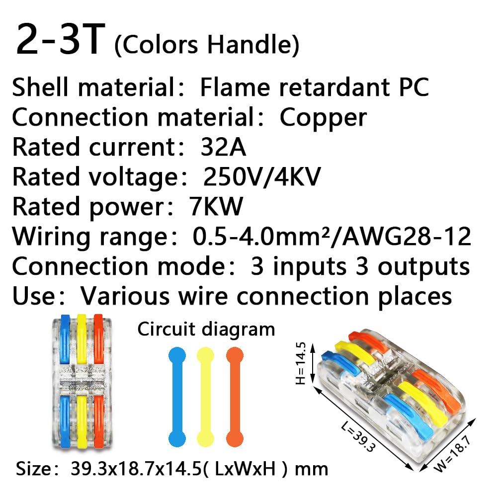 10/25/50/100PCS Wire Connectors 2-2T Terminal Block Conductor SPL Push-in Terminal Block Cable Splitter LED Light conector(2-3T(Colors Handle),100 PCS)