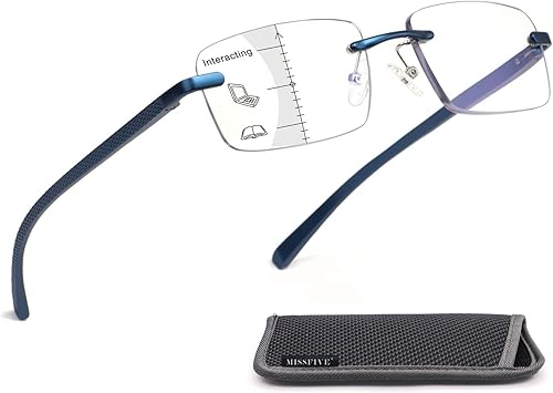 Missfive Anteojos de lectura progresivos multienfoque de aluminio de alta calidad para hombre, bloqueo de luz azul, bisagra de resorte sin línea,