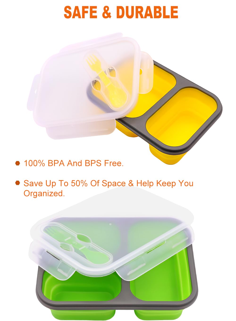 Lot de 3 boîtes à déjeuner pliables en silicone avec couvercles, compartiments, passent au micro-ondes, lave-vaisselle et congélateur, sans BPA (assortiment de 3 pièces)
