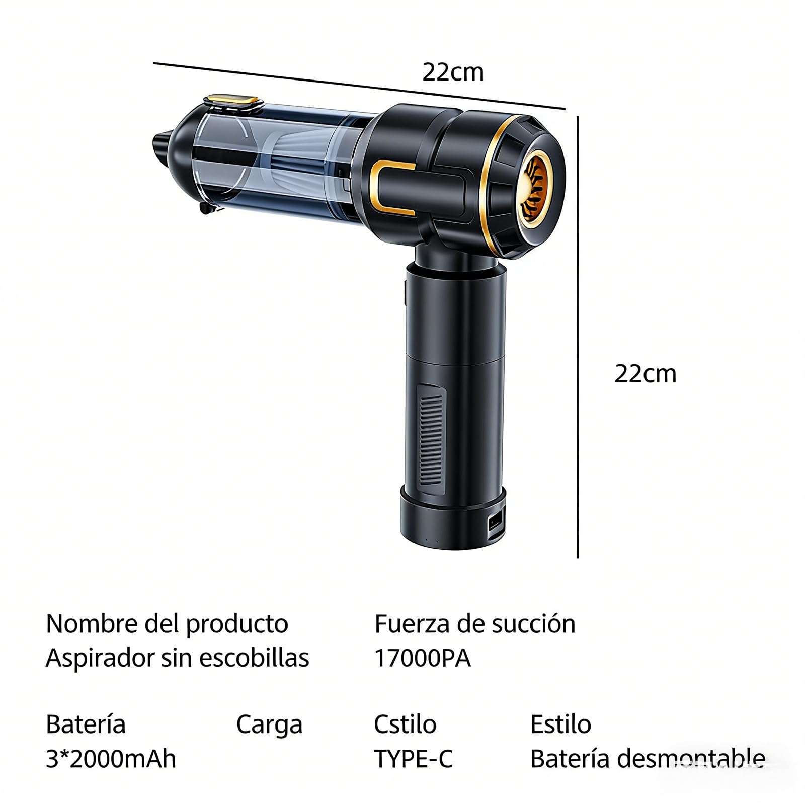 2 en 1 Soplador de Polvo Eléctrico y Aspirador con Luz, 17KPa, 6000mAh, 3 Velocidades, Soplador y Aspirador, Motor Sin Escobillas, para Coche, PC, Sofá, Mascotas, Exterior, Hogar (Negro)