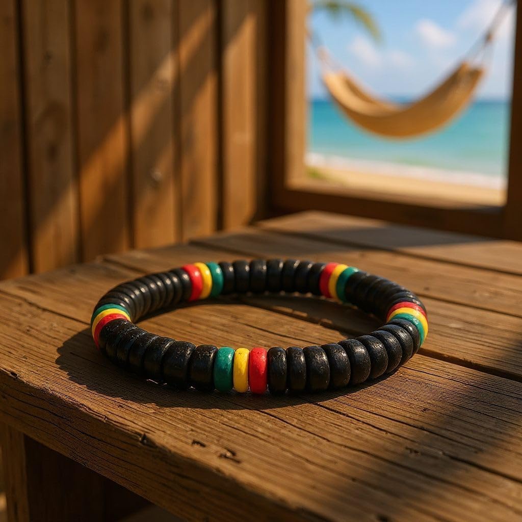 BlueRica Rasta Style Coconut Shell Beaded Stretch Bracelet