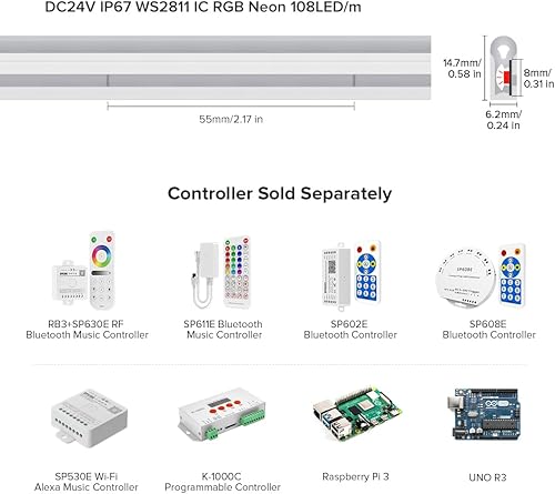 Miniatura 8 de BTF-LIGHTING WS2811 IC RGB Persiguiendo Color Lado Emisión Luz de neón 16.4FT DC24V 90IC 108LEDm T0615 IP67 Tira LED de cuerda direccionable