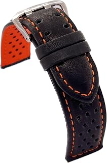 Correa cuero vacuno liso perforado estilo rally racing Costura y forro a color Tallas 18mm 20mm 22mm 24mm – Negro con rojo azul amarillo naranja blanco Diseño deportivo 380