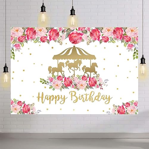 Miniatura 4 de Telón de fondo dorado de 7 x 5 pies con temática de carrusel de feliz cumpleaños para niña, flores rojas y rosadas, decoración de fiesta de