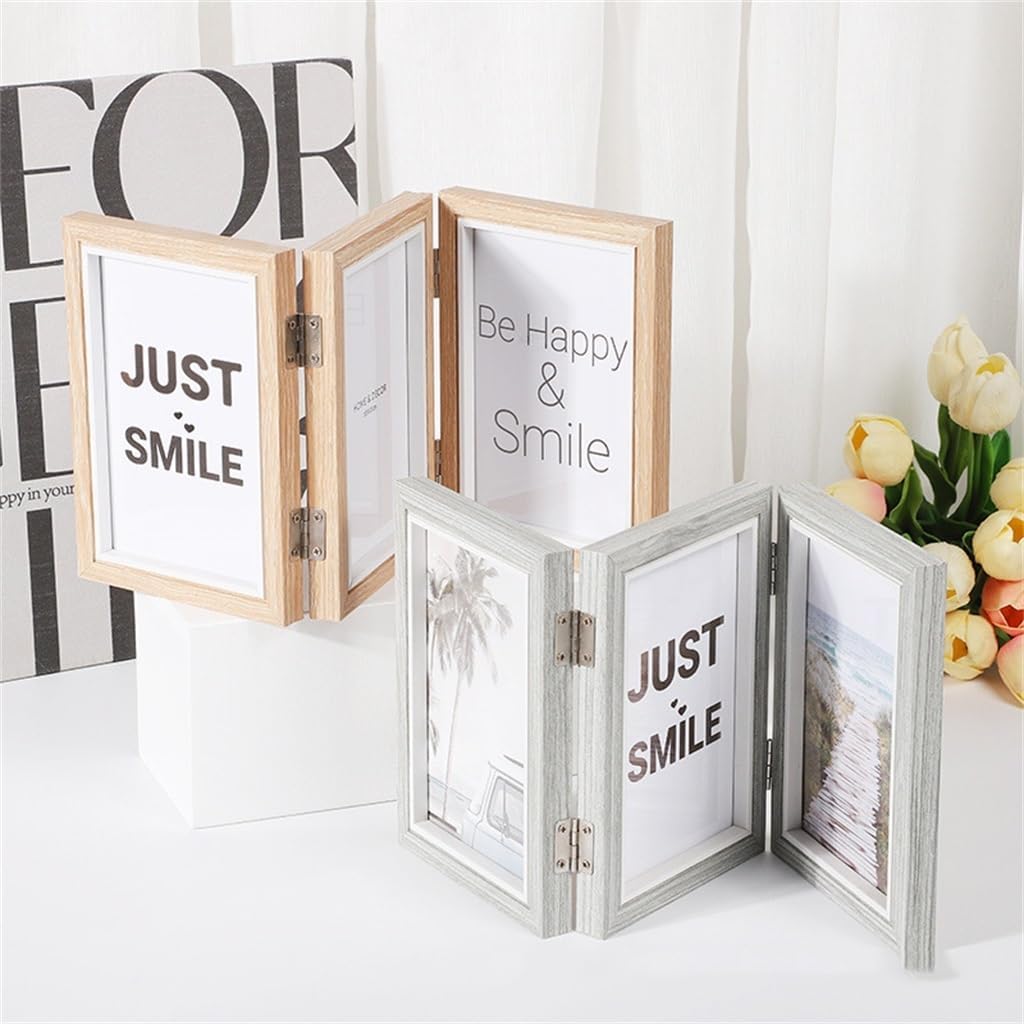 Hinged Photo Frame with 3 Openings, 4x6 Inch High Definition Tri-fold Desk Top Family Picture Collage for Birthday Festival Family Lover Gift, 2 Pieces(Retro Blue)