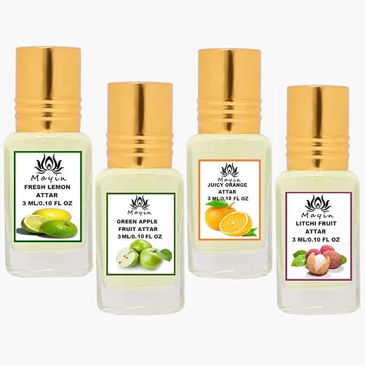 Mayin Fresh Lemon, Green Apple, Juicy Orange, Litchi Fruit (Natural Itra/Attar/Perfume) Attar Gift Pack/Attar Combo/Combo ...
