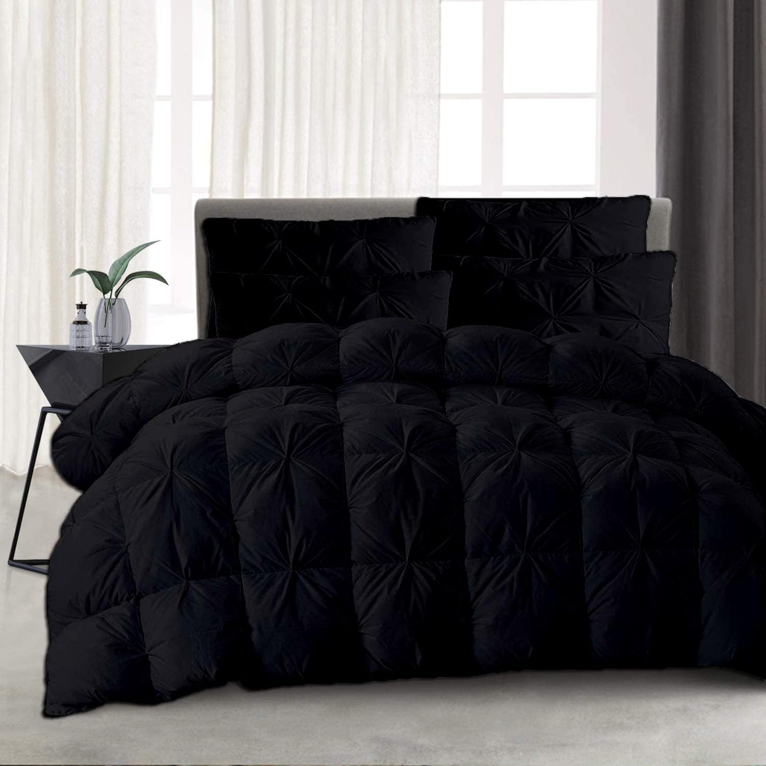 All-Season – Luxury Pinch Pleated Pintuck King 106x90 Size 3 Piece Quilted Comforter Set, 400 GSM Microfiber Fill Box Stitched with 4 Corner tabs - Machine Washable, Black Solid
