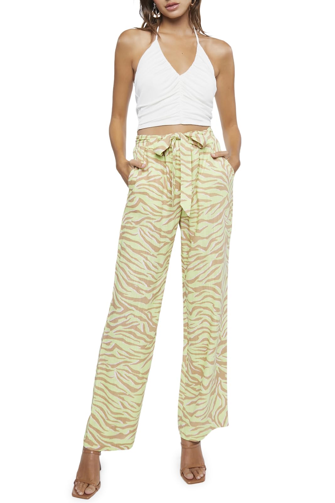 Forever 21 Womens Belted Zebra Print High-Rise Pants