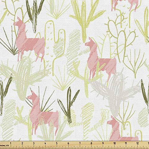 Image of Ambesonne Cactus Print Fabric by The Yard, Hand Drawn Scribbled Layout of Animals Cacti and Greenery, Decorative Fabric for Upholstery and Home Accents, 1 Yard, White Green