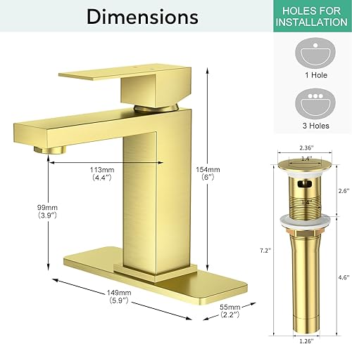 Miniatura 6 de Faustina Grifo de baño de oro cepillado, grifo de baño de un solo mango con drenaje desplegable, grifo de tocador de baño de 1 agujero, grifo de