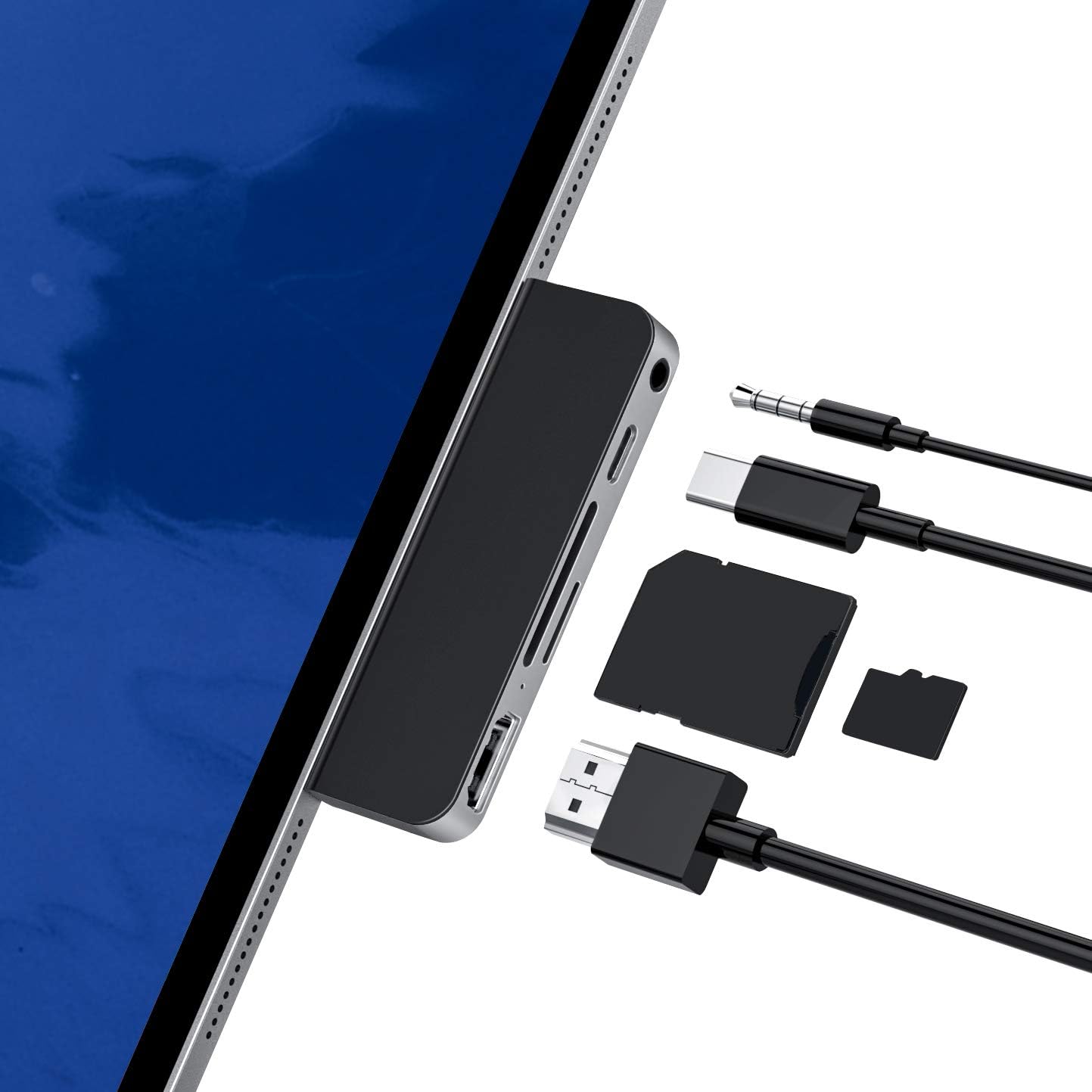 iPad Pro Adapter, USB C Hub Dongle Adapter for iPad Pro 2020-2018 and iPad Air, with 4K HDMI, USB-C PD, 3.5mm Audio Jack and SD/Micro Card Reader, Compatible with MacBook Pro Air (Space Grey)