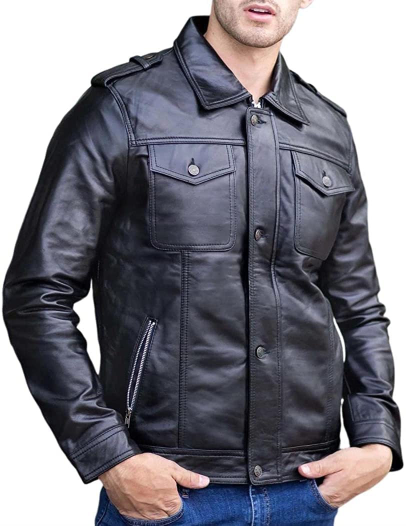 Leather Trucker Jacket Men - Black Sheepskin Leather Jacket