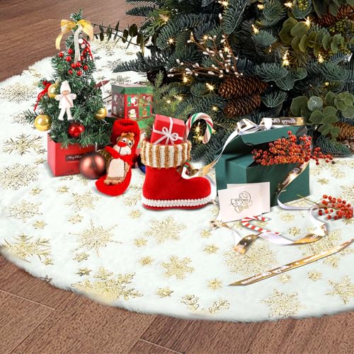 Christmas Tree Skirt, 36inch White Christmas Tree Skirt for Christmas Decorations & New Year Party Holiday Home Decorations (Golden Snowflake)