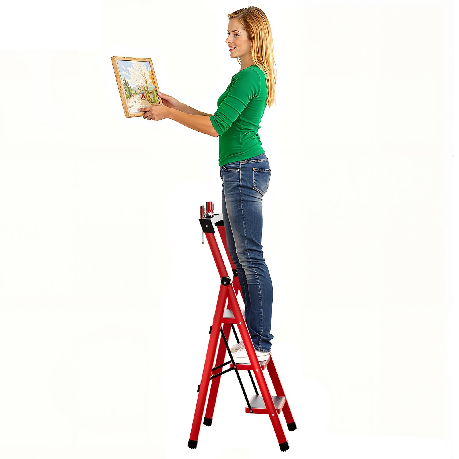 Joukares Red 1 3 Step Ladder, Folding Step Stool With Anti-Slip Wide Pedals, Multi-Purpose Collapsible Ladder For Home And Rv, Heavy Duty Step Ladder For Indoor And Outdoor Use, Supports Up To 330 Lbs (Red 1)
