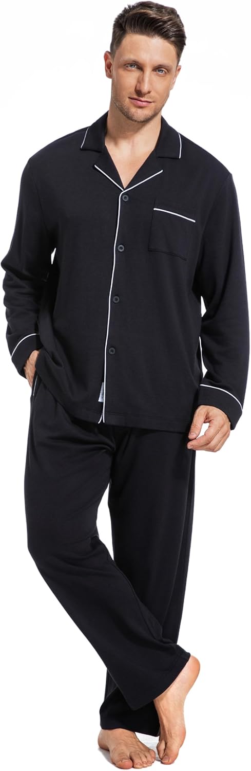 SlumberMee Mens Pajama Set Soft Cotton Viscose Pjs Long Sleeve Sleepwear 2 Piece Brushed Lining Loungewear with Pockets